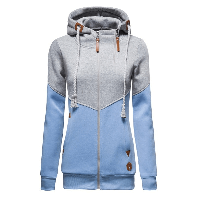 Stylish two-tone zip hoodie with patchwork pattern, featuring a sporty chic look, full length, and thick material in blue and gray.